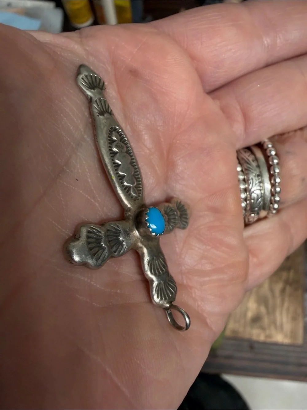 Sterling Silver Hand Stamped Cross Pendant with Turquoise Center